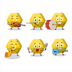 Cartoon character of yellow gummy candy D playing some musical instruments