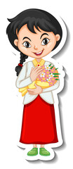 A girl holding flower bouquet cartoon character