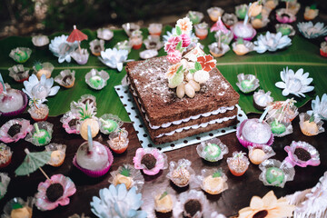 chocolate party cake over banana leaf. for summer party or hawaiian party.
