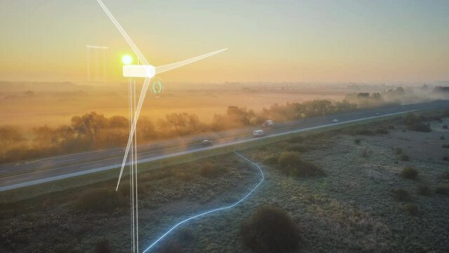 Futuristic holographic wind turbine powering an electric car driving on the highway during sunset, charging lithium battery while travelling, climate change and artificial intelligence concept