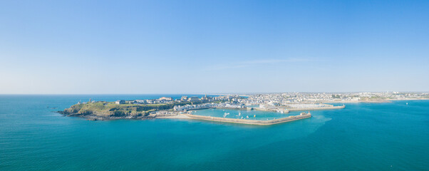 The panoramic view of the city and the port of Granville in Europe, France, Normandy, Manche, in spring, on a sunny day. - obrazy, fototapety, plakaty