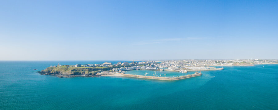 The panoramic view of the city and the port of Granville in Europe, France, Normandy, Manche, in spring, on a sunny day.