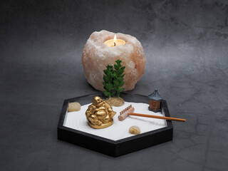 Zen Garden with Gold Buddha and Himalayan Salt Candle