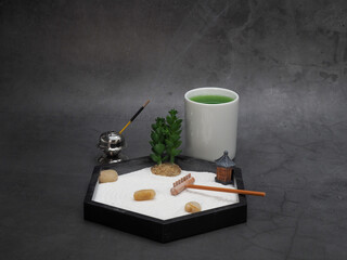 Zen Garden, Green Tea and Burning Incense