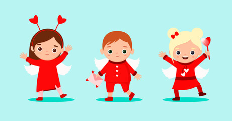 A set of funny cupids with wings and hearts. Valentine's day. Cartoon design.
