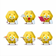 happy yellow gummy candy D waiter cartoon character holding a plate
