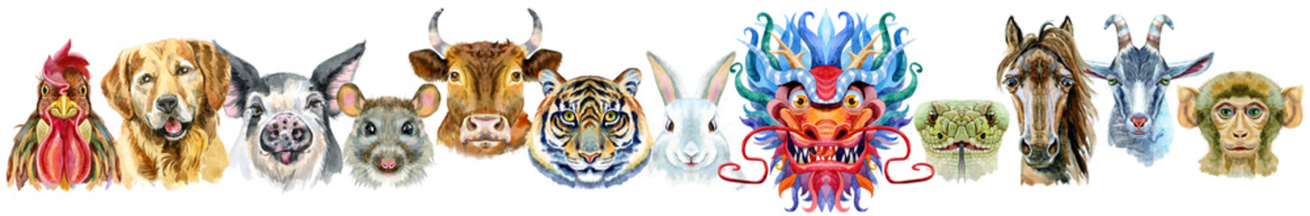 Border from watercolor twelve chinese zodiac animals