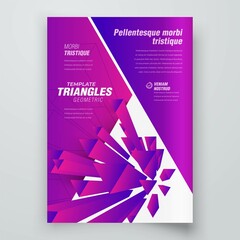 Flyer cover purple color triangles 3d flying perspective design template vector