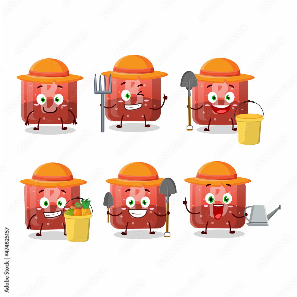 Wall mural Farmer red gummy candy B cute mascot character with fork