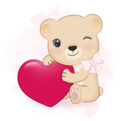 Cute Little Bear and heart valentine's day concept illustration