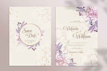 Double Sided Wedding Invitation Template with Purple Flower - obrazy, fototapety, plakaty