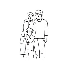 Fototapeta na wymiar line art family of three person is standing together illustration vector hand drawn isolated on white background