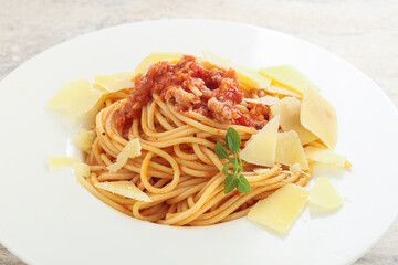 Italian pasta Spaghetti bolognese with parmesan