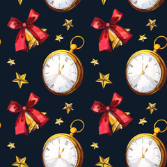 Christmas pattern. Five minutes to twelve. Watercolor illustration of watches and bows, with stars. Seamless. For the design of textiles, packaging, paper.