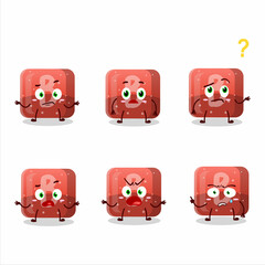 Cartoon character of red gummy candy B with what expression