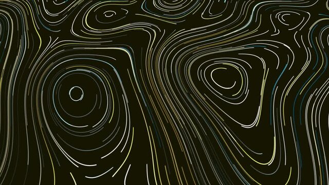 Topographic map of neon lines. Motion. Slowly moving colored lines in stream creating ornament with curved ovals. Topographic retro ornament with neon lines in stream