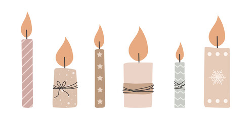 Christmas candle collection. Scandinavian winter hand drawn festive element. Cozy home decoration. Vector illustration in flat style.