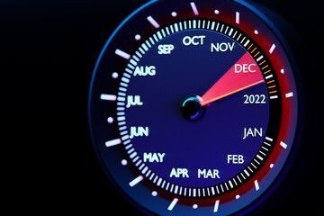 3D illustration close up black speedometer with cutoffs 2021,2022 and calendar months. The concept of the new year and Christmas in the automotive field. Counting months, time until the new year.