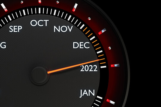 3D illustration close up black speedometer with cutoffs 2021,2022 and calendar months. The concept of the new year and Christmas in the automotive field. Counting months, time until the new year.