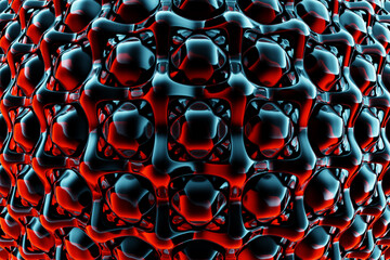 3d illustration of rows of  black squares under red neon lights.Set of cubes on monocrome background, pattern. Geometry  background