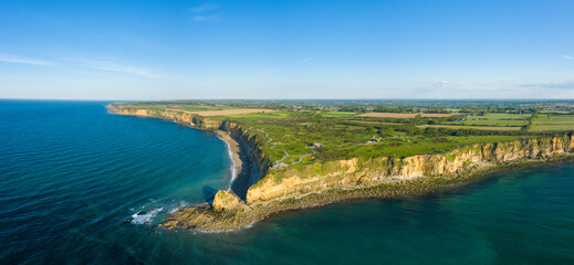 The panoramic view from Pointe du Hoc in Europe, France, Normandy, towards Carentan, in spring, on a sunny day. - obrazy, fototapety, plakaty
