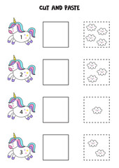 Math game for kids. Count and paste cute kawaii clouds.