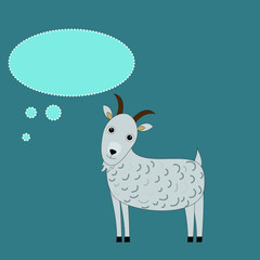 Cute graphic cartoon goat  with message  on blue isolated background. greeting card illustration.