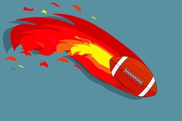 Close-up vector illustration of a rugby ball flying at high speed behind it with a fiery tail on a gray background. Sport equipment