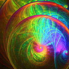 Creaci&oacute;n de arte digital conceptual compuesto de trazos curvos paralelos en colores luminosos formando un conjunto con apariencia de ser el descenso en espiral al centro energ&eacute;tico.