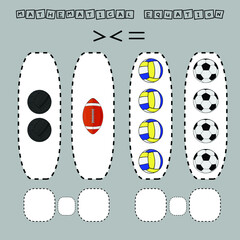 ​​Which is greater, less or equal game with soccer, volleyball, medical and rugby balls.  Worksheet for preschool kids, kids activity sheet, printable worksheet
