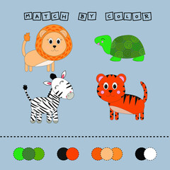 Developing activity for children -  match the  lion, turtle, zebra, tiger by  color. Logic game for children.

