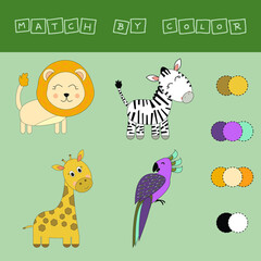 Naklejka premium worksheet vector design, challenge to connect the wild animals with its color. Logic game for children.