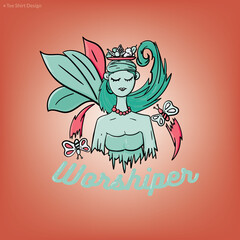 tee shirt design. women with fruit on her head . long brown hair , green leaves, butterfly  vector illustration. suitable to print on tee shirt and any merchandise. eps 10