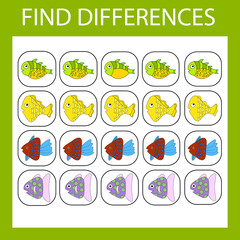 Developing activity for children - find the difference. Logic game for children. Find an extra fishes