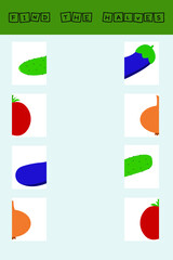 Match the halves of the vegetables cucumber, tomato, eggplant, onion. Educational game for children.