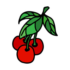 Cherries on a branch in doodle style. Isolated vector.