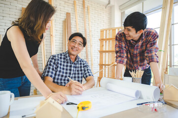 Obraz premium wooden carpenter craft man team with work tool for wood workshop business, carpentry craftsman