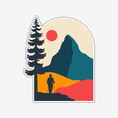 Hiking Man in The Matterhorn Switzerland with silhouette illustration style