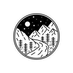 Obraz premium design of mountains and streams or lakes in mono line art, badge, emblem, T-shirt vector, Tee Design
