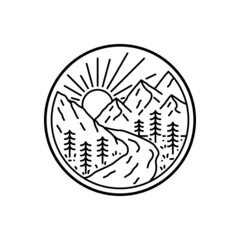 mountains and river flow design with sunrise in mono line art, badge, emblem, T-shirt vector, Tee Design