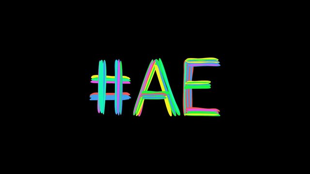 Hashtag #AE. Animated text from color curved lines like from marker, oil paint. Transparent Alpha channel, 4K video. Trendy popular Hashtag #AE for app, social network, title video intro.