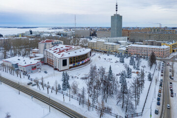 Aerial view of Lomonosov Drama Theatre on cloudy winter day. Arkhangelsk, Russia.