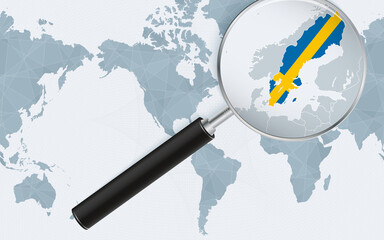 Enlarged map of Sweden on America centered World Map. Magnified map and flag of Sweden.