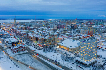 Fototapeta premium Aerial view of Arkhangelsk and “Northern Shipping Company” building on winter day, Russia.