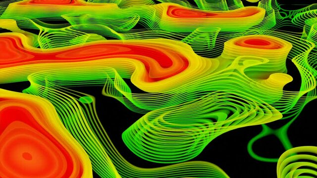 Digital abstract animation with kaleidoscopic red, yellow, and green transforming shapes. Design. Rotating changing surface with geometric silhouettes.