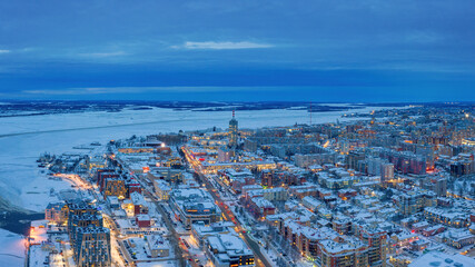 Aerial view of Arkhangelsk on cold winter evening, Russia.