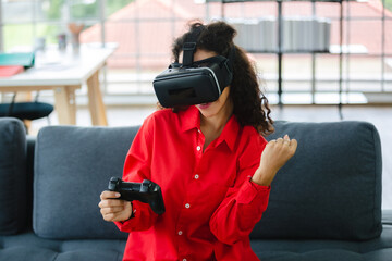 African American woman business person with virtual goggles headset VR device digital technology