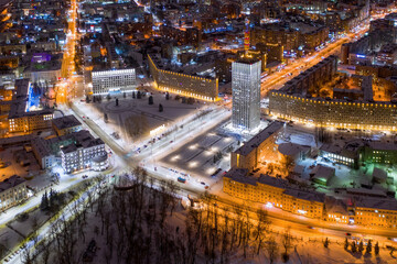 Aerial view of Arkhangelsk on cold winter night, Russia.