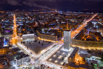 Fototapeta na wymiar Aerial view of Lenin square with government buildings on winter night. Arkhangelsk, Russia.