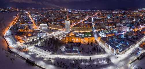 Panoramic drone view of Arkhangelsk on winter night. Russia.